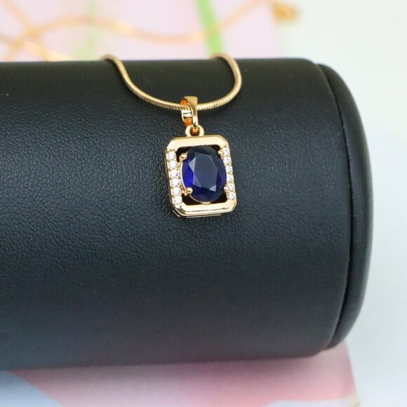 "Rose Gold Rectangle Pendant with Blue Stone and Crystal Accents, XPPT1276 - Picture 6 of 13